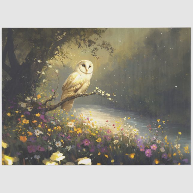 Papel De Seda Whimsical Snowy Lechuza Blanca Flores Silvestres D (Anverso)