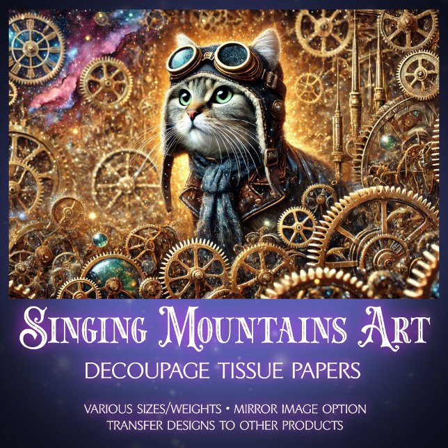 Papel De Seda Whimsical Steampunk Cat Cosmic Journey Decoupage (Subido por el creador)