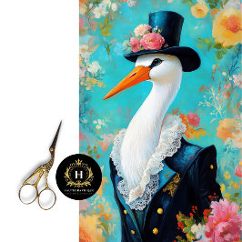 Papel De Seda Whimsical Stork Top Hat Elegante Decoupage Floral