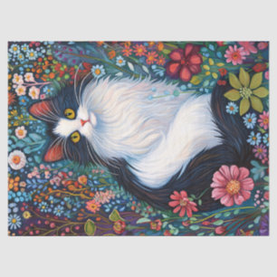 Papel De Seda Whimsical Tuxedo Cat con flores silvestres Desnuda