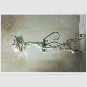 Papel De Seda Whimsical Vintage Furry Sage Green Cat Decoupage