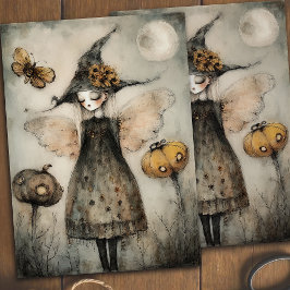 Papel De Seda Whimsical Vintage Witch and Pumpkins Decp