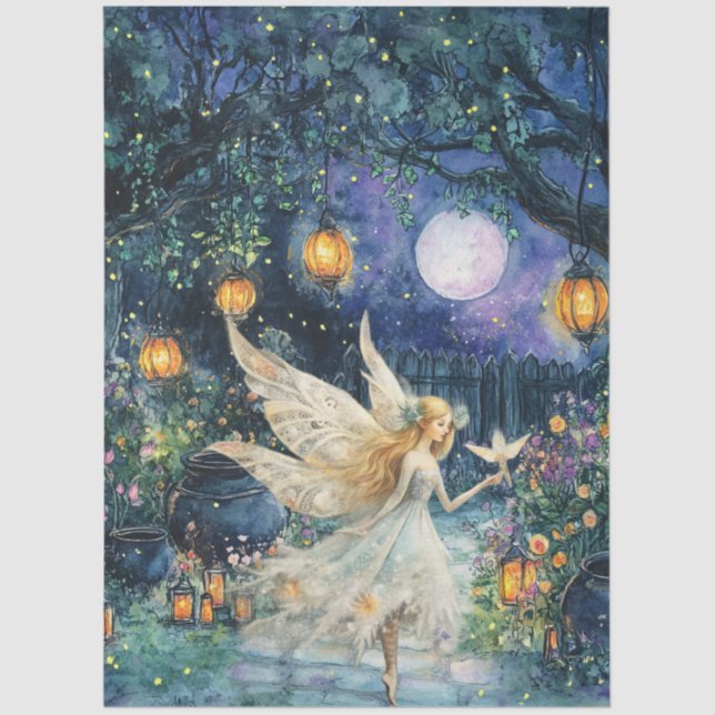 Papel De Seda Whimsical Watercolor Fairy Garden Decoupage Paper (Anverso)