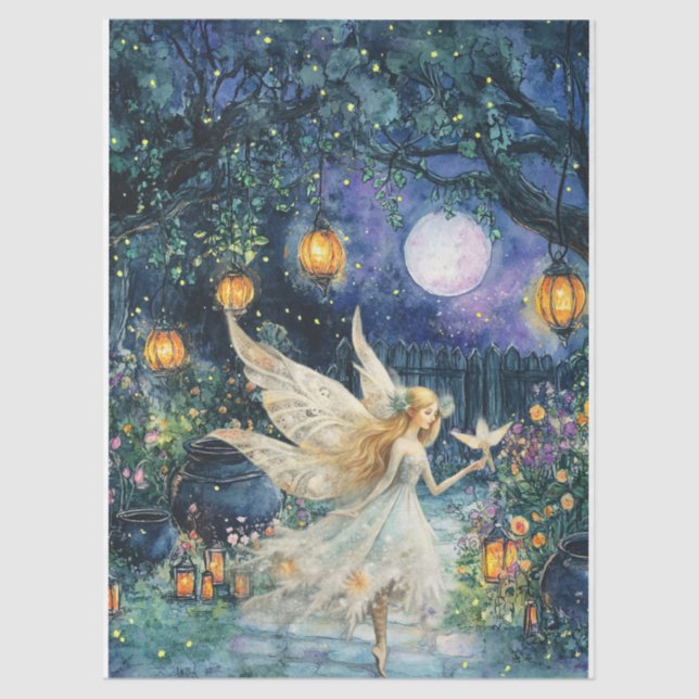 Papel De Seda Whimsical Watercolor Fairy Garden Decoupage Paper (Anverso)