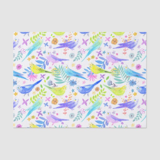 Papel De Seda Whimsical Watercolour Budgie Parakeets (Anverso)