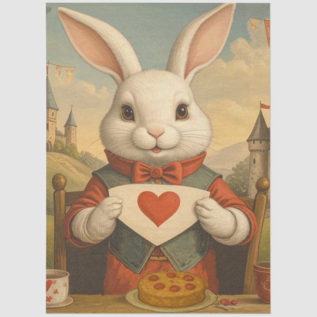 Papel De Seda Whimsical White Rabbit Hearts Enchanted Wonderland (Anverso)
