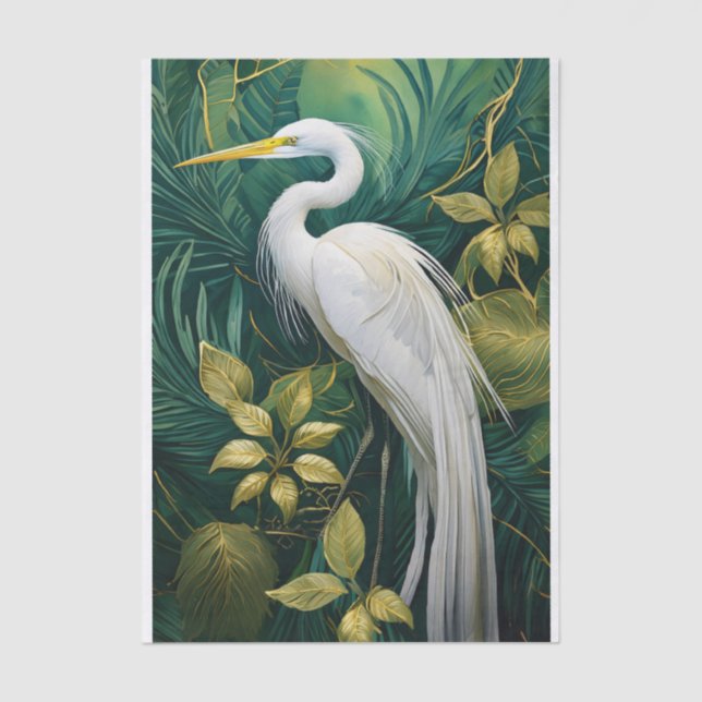 Papel De Seda White Crane Botanical Design, Elegant Tropical (Anverso)