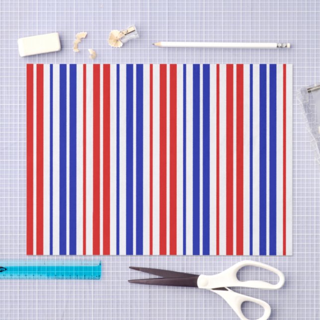 Papel De Seda White Red Blue Stripes Pattern   (Artesanía)