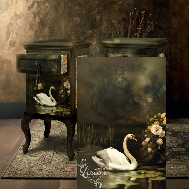 Papel De Seda White Swan Dark Romantic Lake Floral Scene (Baroque Swan Lake print displayed on dark ornate vintage cabinet antique room)