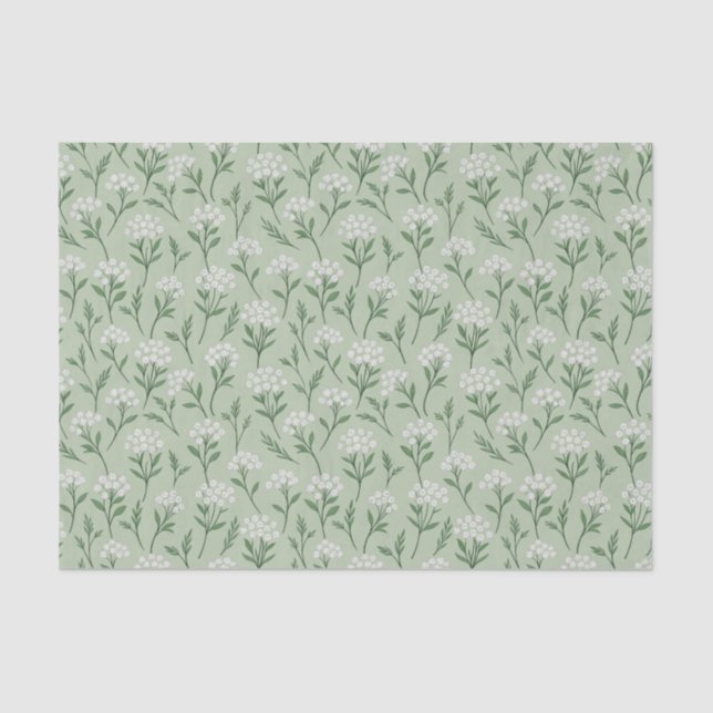Papel De Seda White Wildflower Clusters Sage Green Botanical (Anverso)