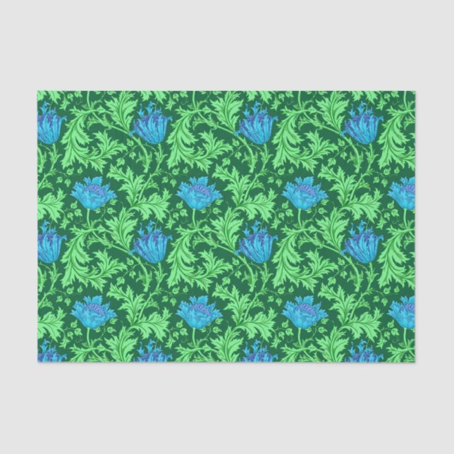 Papel De Seda William Morris Anemone, verde esmeralda y azul (Anverso)