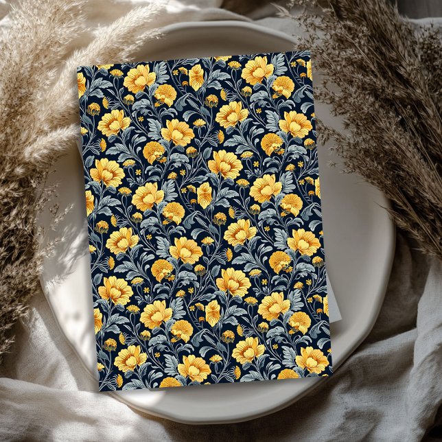 Papel De Seda William Morris inspiró flores amarillas azul marin (William Morris inspired yellow flowers navy blue Tissue Paper)