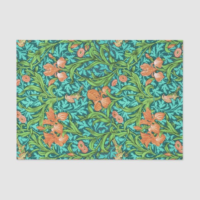 Papel De Seda William Morris Irises, Naranja y turquesa (Anverso)