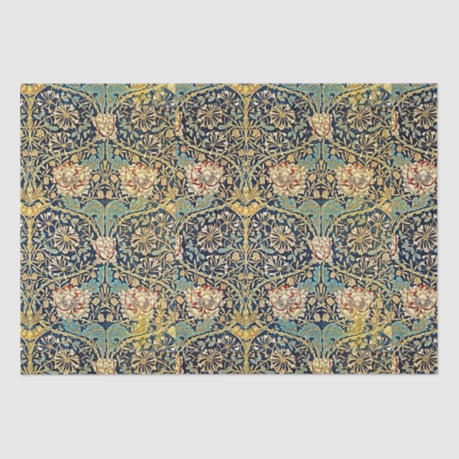 Papel De Seda William Morris Patrón Floral Oro Rojo Turquesa (Anverso)