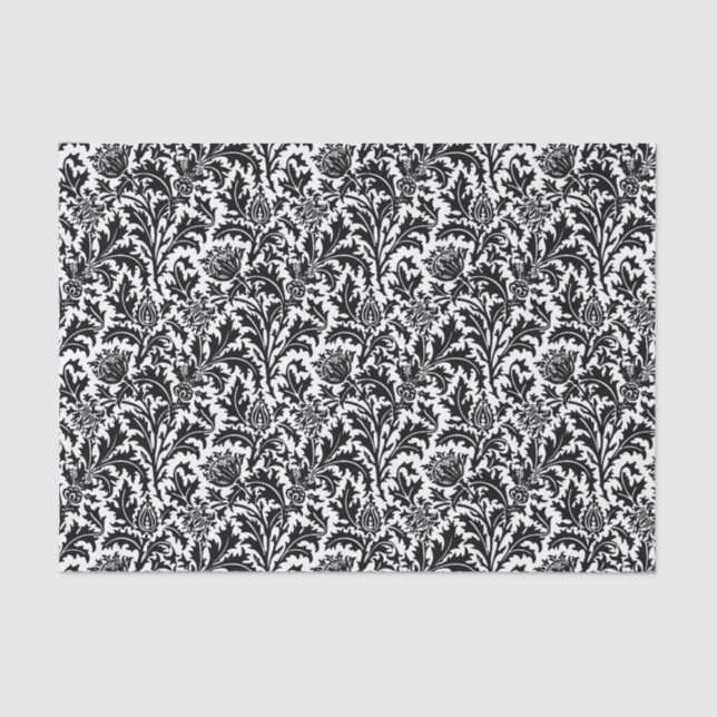 Papel De Seda William Morris Thistle Damask, negro sobre blanco  (Anverso)