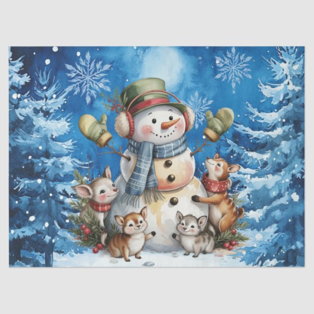 Papel De Seda Winter Blue Christmas Snowman & Woodland Animals (Anverso)