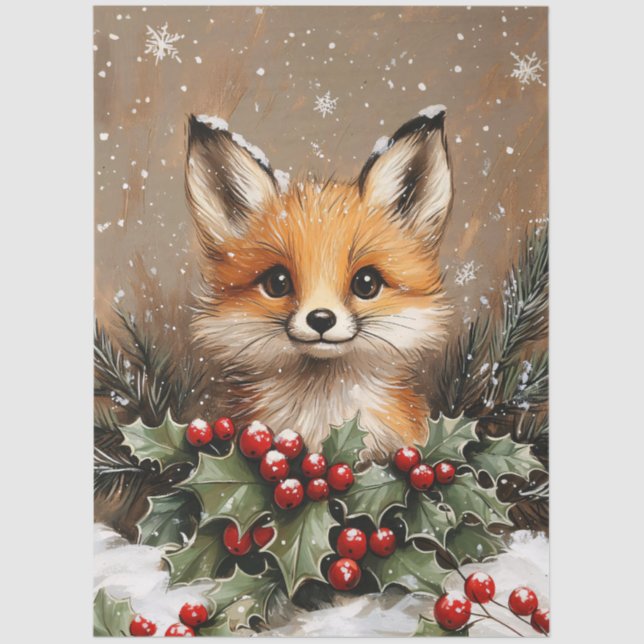 Papel De Seda Winter Fox with Holly and Snowy Pine (Anverso)
