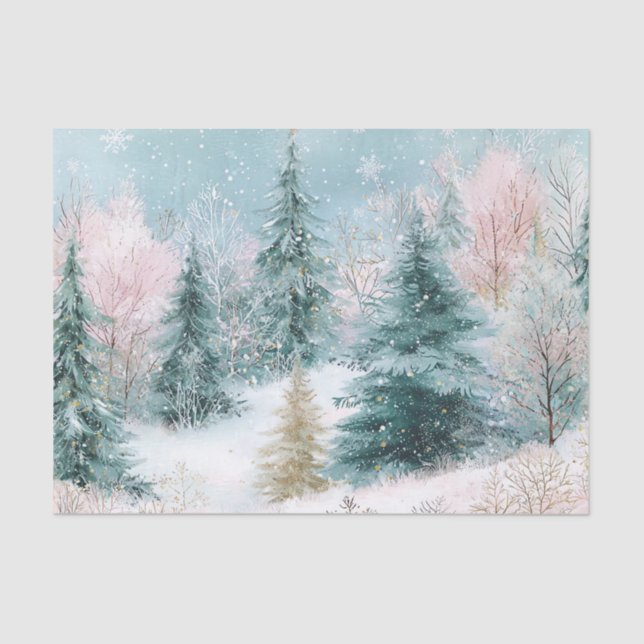 Papel De Seda Winter Pine Tree Landscape Art with Pink & Gold (Anverso)