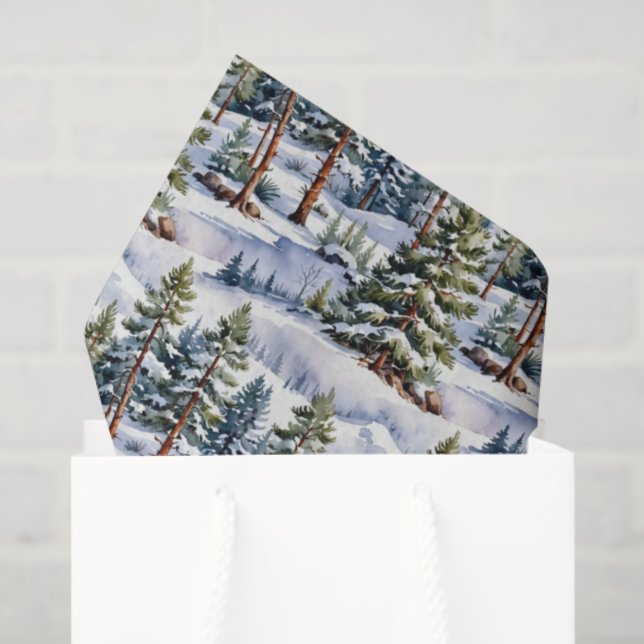 Papel De Seda Winter Pine Trees in Watercolor  (Bolsa de regalo)