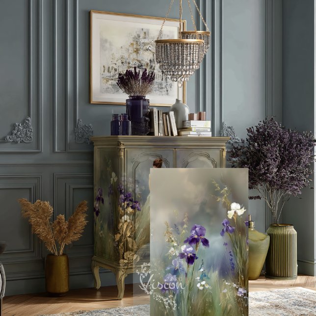 Papel De Seda Wisdom's Muse Deep Purple Iris Gold Sage Garden (Sage green vintage cabinet with artwork behind glass purple dried flowers pampas gold accessories)