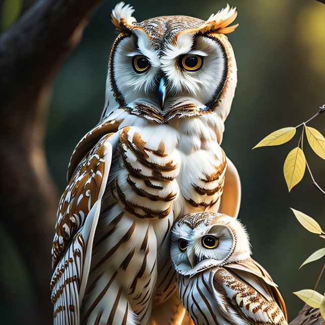 Papel De Seda Wise white owl with baby sitting on a branch (Subido por el creador)