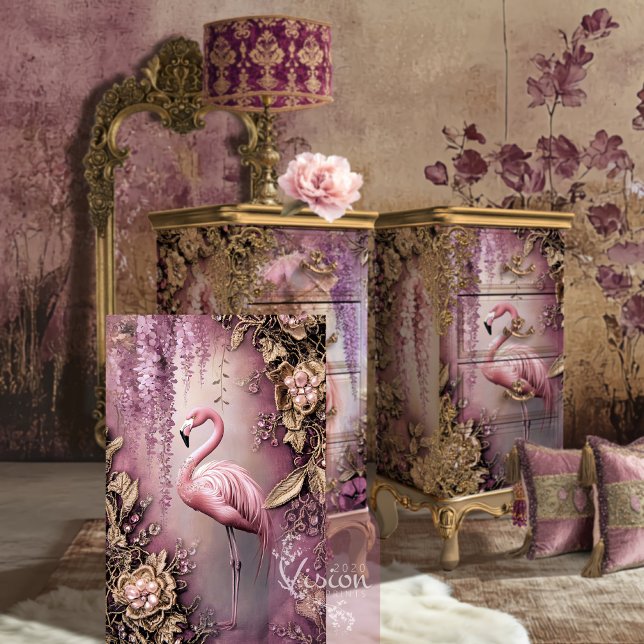 Papel De Seda Wisteria Maravilla Flamingo Ethereal Floral (Wisteria Wonder, Flamingo Bird and ethereal floral, dusty mauve and lilac, decoupage tissue paper.)