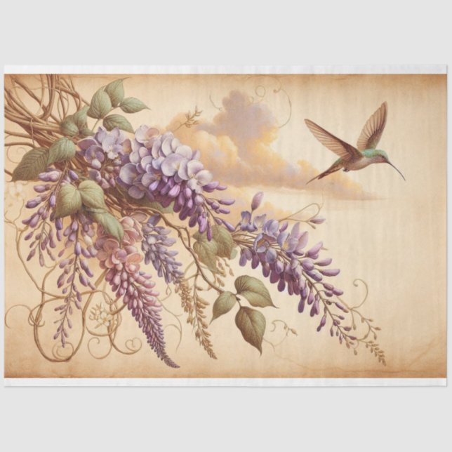 Papel De Seda Wisteria Vine Purple Flowers Hummingbird Decoupage (Anverso)
