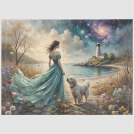 Papel De Seda Woman in blue gown on beach with dog, lighthouse.
