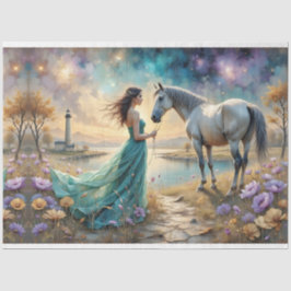 Papel De Seda Woman in blue gown on beach with horse,lighthouse.
