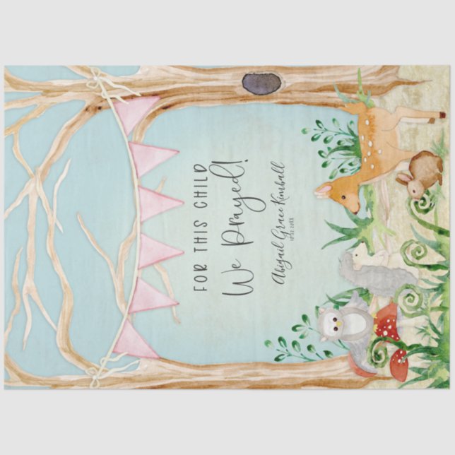 Papel De Seda Woodland Animals Deer Owl Hedgehog Baby Girl (Anverso)