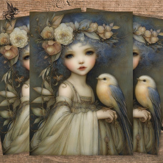 Papel De Seda Woodland Fairy with Floral Crown Decoupage Art 