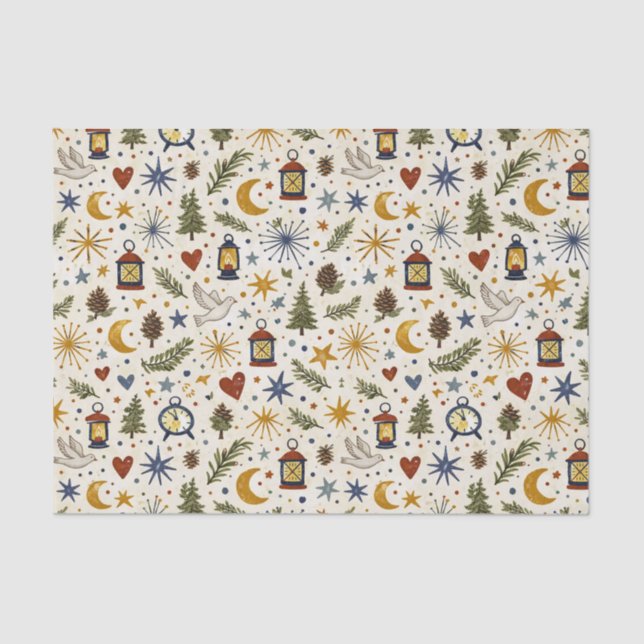 Papel De Seda Woodland Lantern Winter Folk Pattern (Anverso)