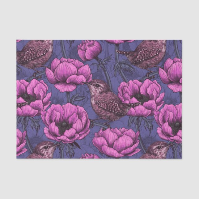 Papel De Seda Wrens en el jardín anemónico (Anverso)