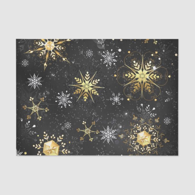 Papel De Seda Xmas copos de nieve dorados sobre fondo negro (Anverso)