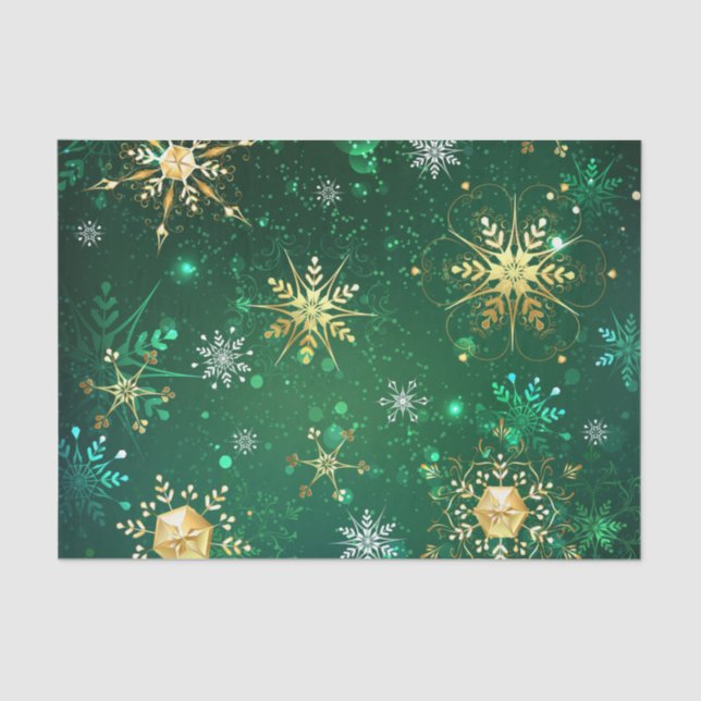 Papel De Seda Xmas copos de nieve dorados sobre fondo verde (Anverso)