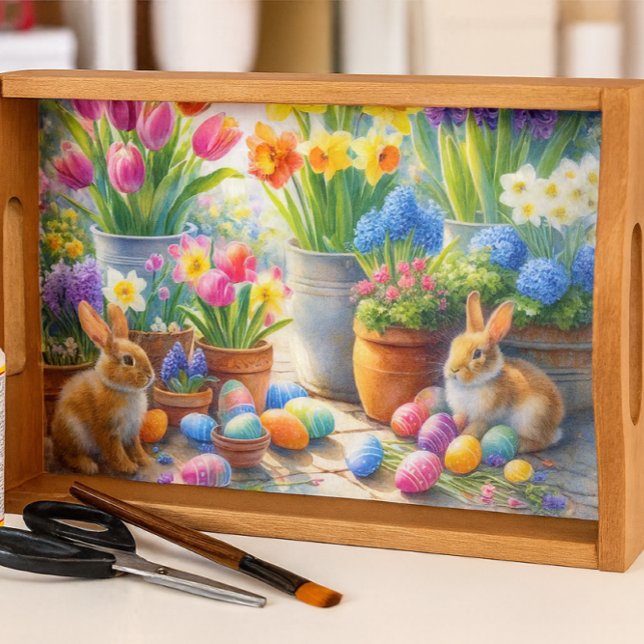 Papel De Seda Yellow Daffodils and Garden Rabbits  (Spring floral decoupage tray with rabbits, Mod Podge, and tools in a cozy craft room setting.)