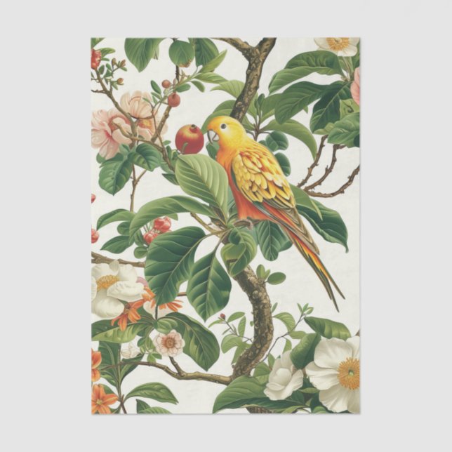 Papel De Seda Yellow Parakeet Perched on Tropical Flowers Branch (Anverso)