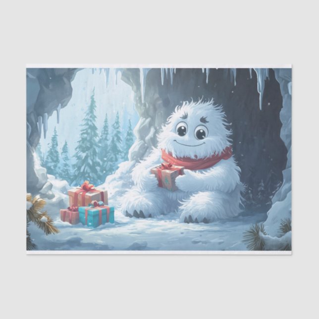 Papel De Seda Yeti adorable con regalos de Navidad en una cueva (Anverso)