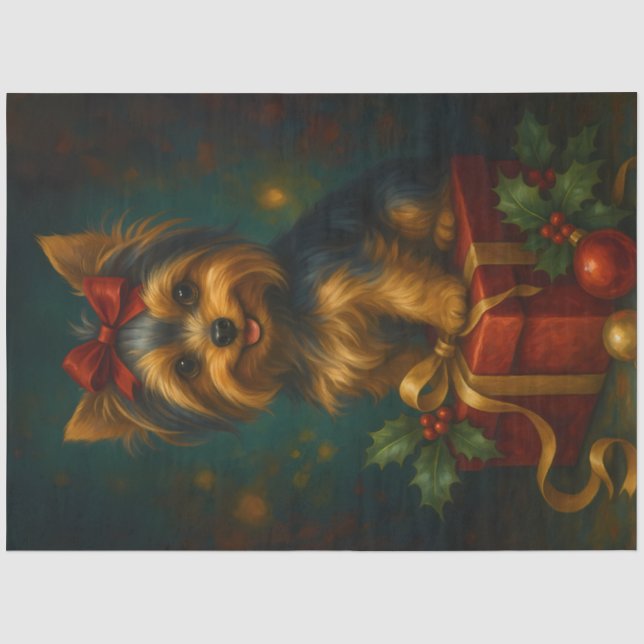 Papel De Seda Yorkie de Navidad en Decoupage de Regalo (Anverso)