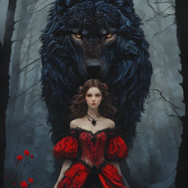 Papel De Seda Young Woman In Red Gown With Black Wolf Guardian