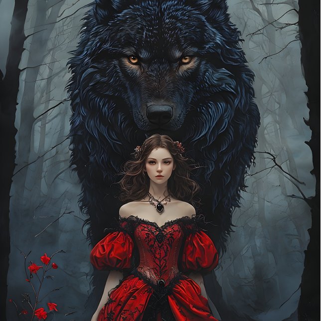 Papel De Seda Young Woman In Red Gown With Black Wolf Guardian (Subido por el creador)