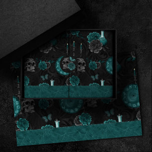 Papel De Seda Zodiac Magic Rosas de cráneo gótico verde oscuro