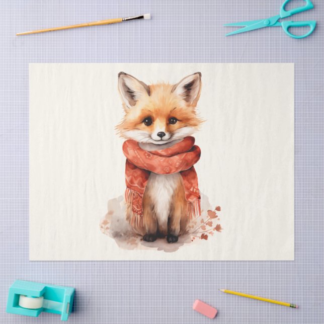 Papel De Seda Zorro Adorable Cachorro con una Bufanda Roja (Artesanía)