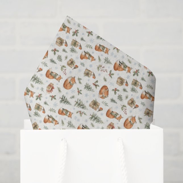 Papel De Seda Zorro de invierno con acuarela Robin Bosque Navida (Bolsa de regalo)