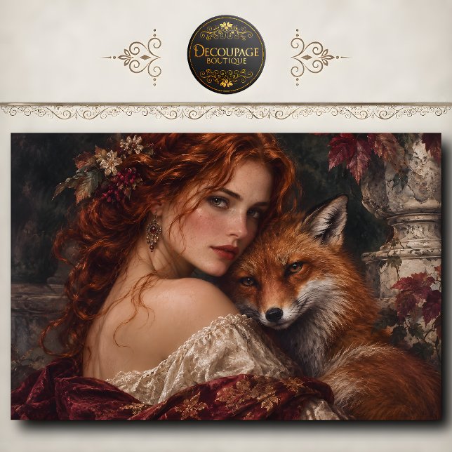 Papel De Seda Zorro de Otoño y Doncella Decoupage (Autumn Fox and Maiden Decoupage Tissue Paper)