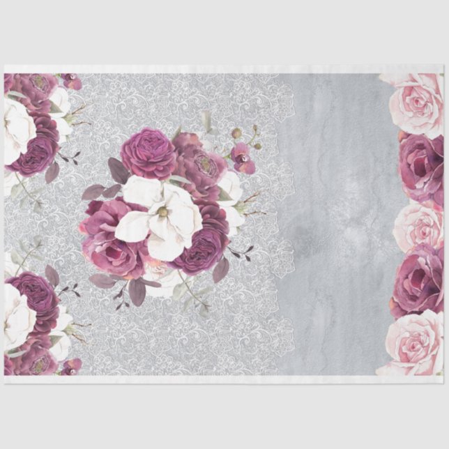 Papel de tejido de encaje floral rosa y ciruela (Anverso)