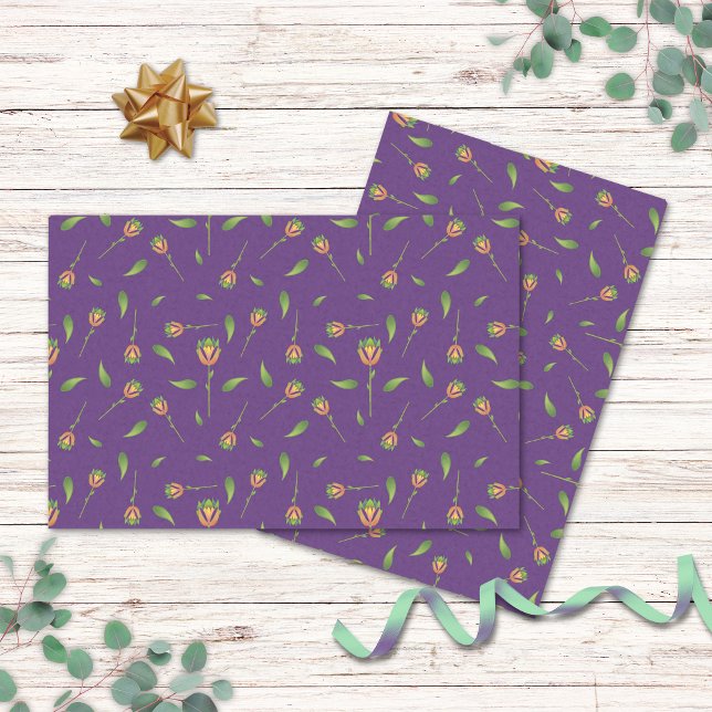 Papel de tejido floral morado inspirado en la cose (Vintage Inspired Purple Floral Tissue Paper.)