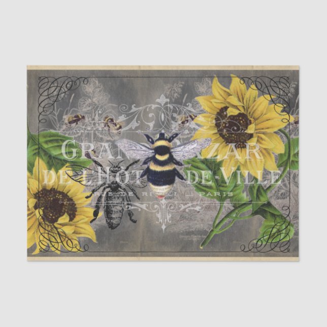 Papel de Tejido Vintage Bee Sunflower Grey Chalkbo (Anverso)