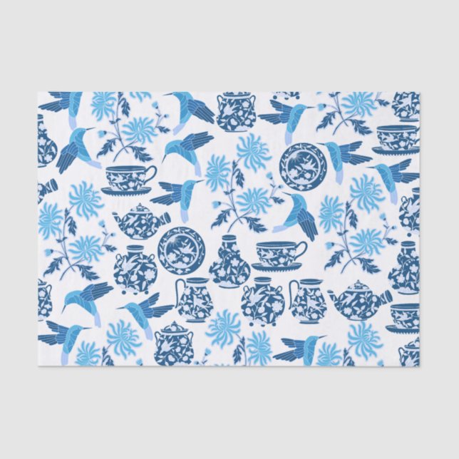 Papel de tejidos Blue Hummingbirds and Flowers (Anverso)