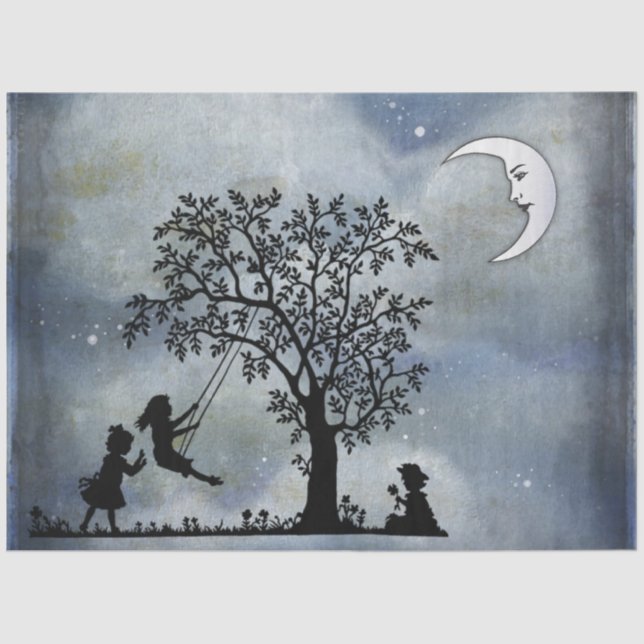 Papel de tejidos con la luna y los niños jugando (Anverso)